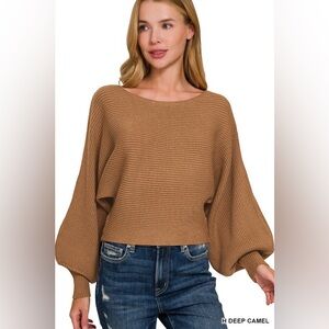 Boat Neck Balloon Sleeve Sweater in H Deep Camel